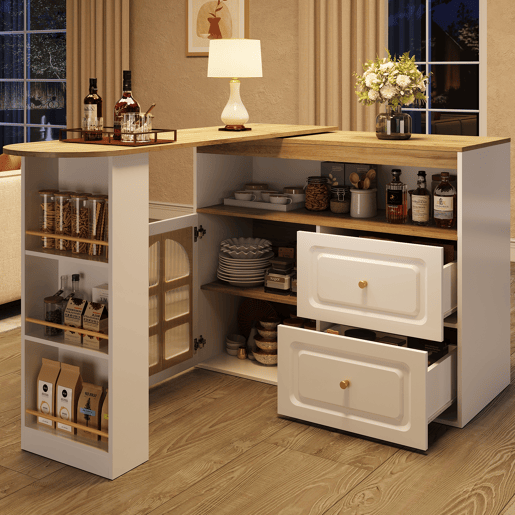 Mesa de bar giratória 360° - 2 gavetas, prateleira para snacks, compartimento aberto, com prateleiras e vidro curvo - Branco
