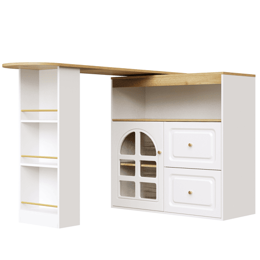 Mesa de bar giratória 360° - 2 gavetas, prateleira para snacks, compartimento aberto, com prateleiras e vidro curvo - Branco