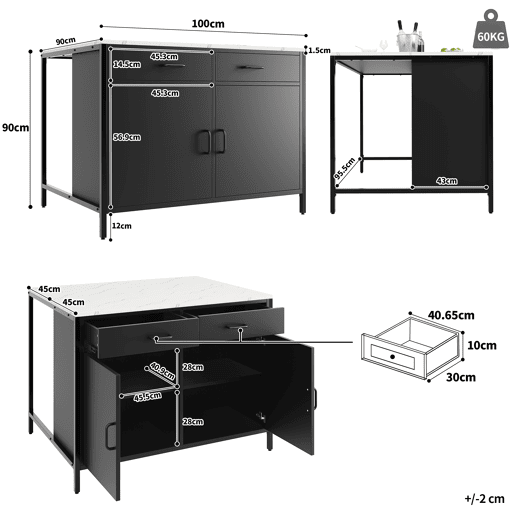 Mesa de bar 105x39x102 cm - Estilo moderno e simples, com superfície em mármore, pés ajustáveis - Preto