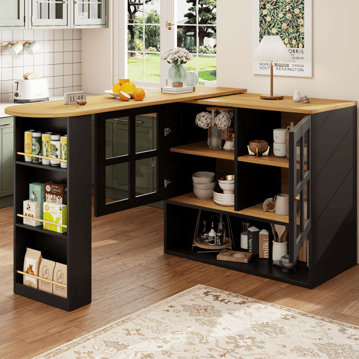 Mesa de bar giratória 360° - Multifuncional com 5 prateleiras, estante para snacks, com portas de vidro - Preto