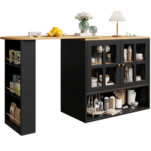 Mesa de bar giratória 360° - Multifuncional com 5 prateleiras, estante para snacks, com portas de vidro - Preto