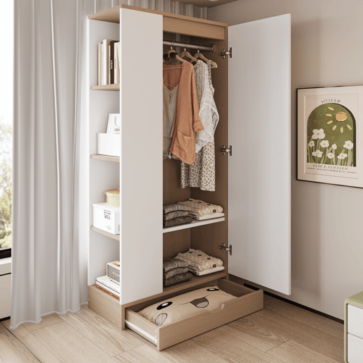 Armário roupeiro 70x40x170 cm - 1 porta com prateleiras e gavetas - Natural+Branco