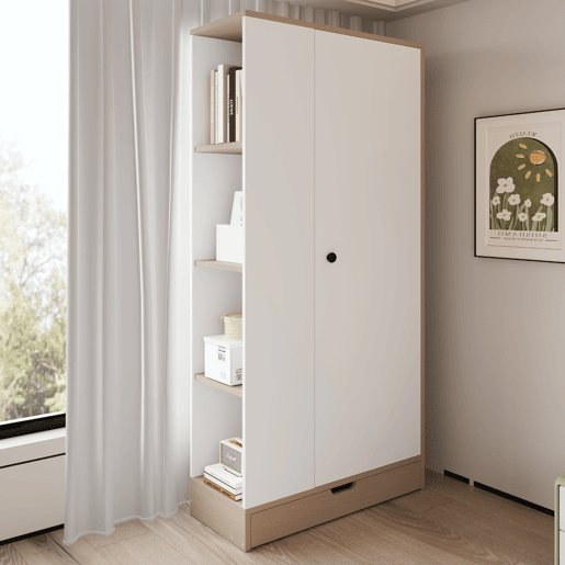 Armário roupeiro 70x40x170 cm - 1 porta com prateleiras e gavetas - Natural+Branco