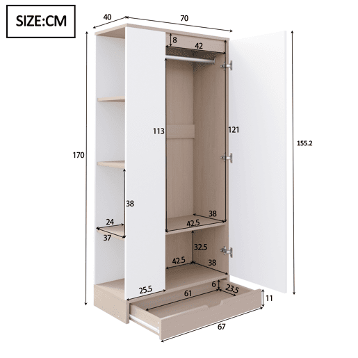 Armário roupeiro 70x40x170 cm - 1 porta com prateleiras e gavetas - Natural+Branco