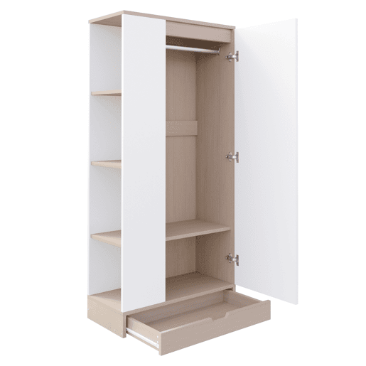 Armário roupeiro 70x40x170 cm - 1 porta com prateleiras e gavetas - Natural+Branco