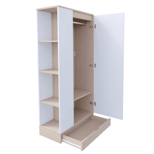 Armário roupeiro 70x40x170 cm - 1 porta com prateleiras e gavetas - Natural+Branco