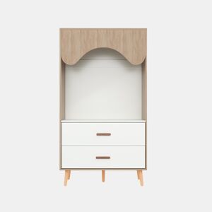 Armário infantil 80×46×141,5 cm - com barra e gavetas, portas abertas, madeira natural+branco