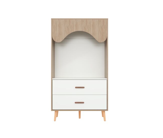 Armario infantil 80×46×141,5 cm - con barra y cajones, puertas abiertas, madera natural+blanco