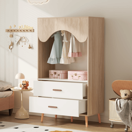 Armário infantil 80×46×141,5 cm - com barra e gavetas, portas abertas, madeira natural+branco Armário infantil 80×46×141,5 cm - com barra e gavetas, portas abertas, madeira natural+branco