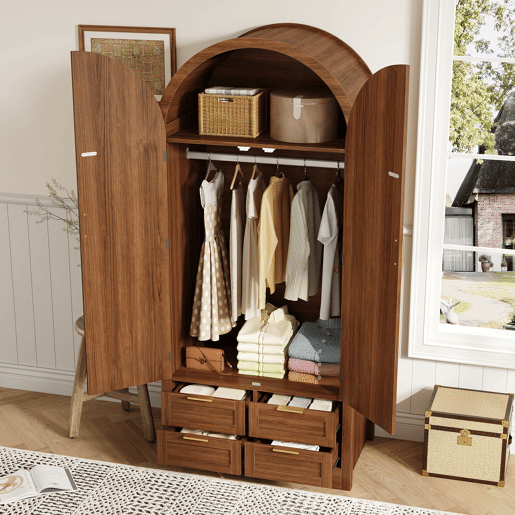 Armário 80 cm - portas curvas, barra e gavetas - nogueira