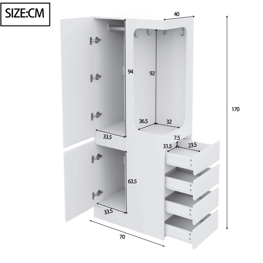 Armário 70x40x170 cm - com gavetas e compartimentos, área aberta para roupas, 1 porta - Branco