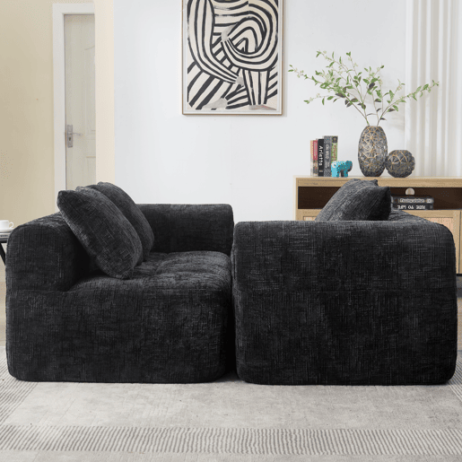 Sofá para 2 pessoas - Sofá confortável com almofada, sem montagem, com bolsos laterais para comando e telemóvel - Preto