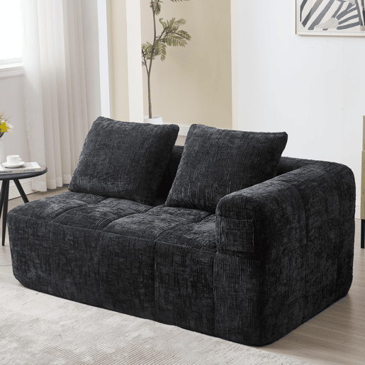 Sofá para 2 pessoas - Sofá confortável com almofada, sem montagem, com bolsos laterais para comando e telemóvel - Preto
