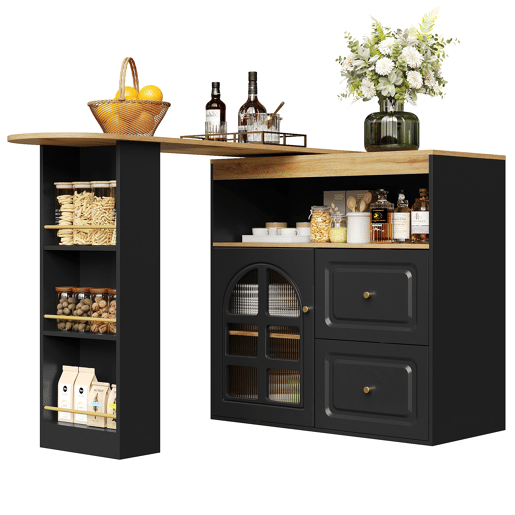 Mesa de bar giratória 360° - 2 gavetas, prateleira para snacks, prateleira aberta, com vidros curvos - preta