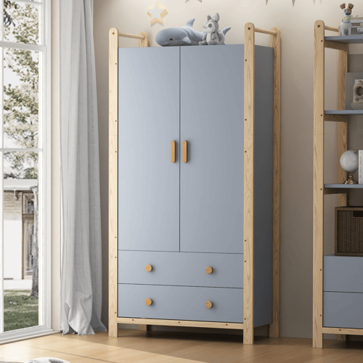 Armário 90x45x180 cm - Com barra, 2 gavetas, para quarto, sala, hall de entrada - Azul + Pinho