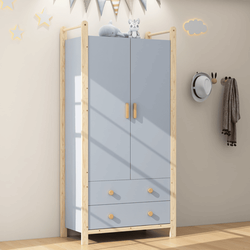 Armário 90x45x180 cm - Com barra, 2 gavetas, para quarto, sala, hall de entrada - Azul + Pinho