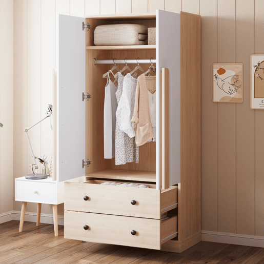 Armário roupeiro 70x40x170 cm - Porta dupla com gavetas e prateleiras - Natural+Branco