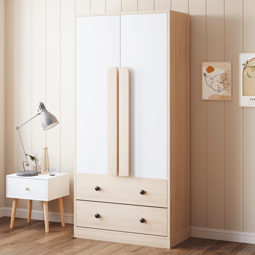 Armário roupeiro 70x40x170 cm - Porta dupla com gavetas e prateleiras - Natural+Branco
