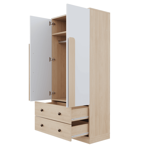 Armário roupeiro 70x40x170 cm - Porta dupla com gavetas e prateleiras - Natural+Branco
