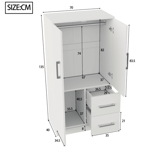 Armário roupeiro 70x40x135 cm - Porta dupla com gavetas e compartimentos, infantil - Branco Armário roupeiro 70x40x135 cm - Porta dupla com gavetas e compartimentos, infantil - Branco
