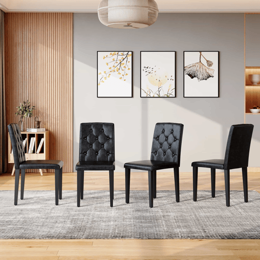 Conjunto de 4 cadeiras de jantar em preto puro - Luxo leve. A primeira escolha para salas de jantar europeias, com pernas de metal pretas para combinações versáteis. - Preto