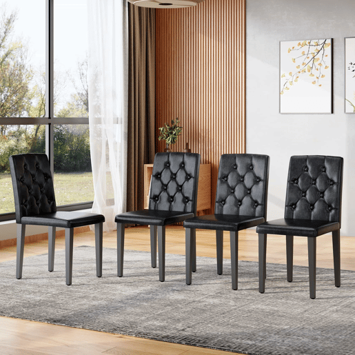 Conjunto de 4 cadeiras de jantar em preto puro - Luxo leve. A primeira escolha para salas de jantar europeias, com pernas de metal pretas para combinações versáteis. - Preto