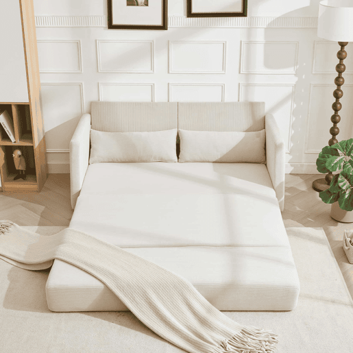 Sofá-cama de 2 lugares 165 x 92 x 82 cm - sofá dobrável 2 em 1, tecido de veludo cotelê, com 2 almofadas lombares e 2 bolsos laterais - Bege Sofá-cama de 2 lugares 165 x 92 x 82 cm - sofá dobrável 2 em 1, tecido de veludo cotelê, com 2 almofadas lombares e 2 bolsos laterais - Bege