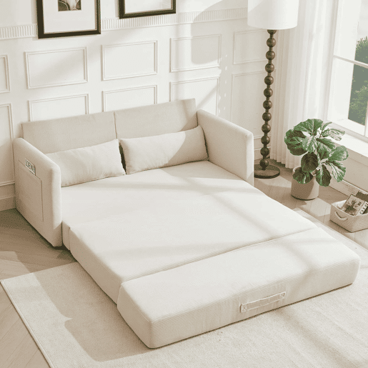 Sofá-cama de 2 lugares 165 x 92 x 82 cm - sofá dobrável 2 em 1, tecido de veludo cotelê, com 2 almofadas lombares e 2 bolsos laterais - Bege Sofá-cama de 2 lugares 165 x 92 x 82 cm - sofá dobrável 2 em 1, tecido de veludo cotelê, com 2 almofadas lombares e 2 bolsos laterais - Bege