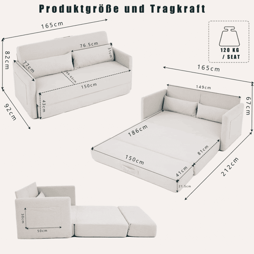 Sofá-cama de 2 lugares 165 x 92 x 82 cm - sofá dobrável 2 em 1, tecido de veludo cotelê, com 2 almofadas lombares e 2 bolsos laterais - Bege Sofá-cama de 2 lugares 165 x 92 x 82 cm - sofá dobrável 2 em 1, tecido de veludo cotelê, com 2 almofadas lombares e 2 bolsos laterais - Bege