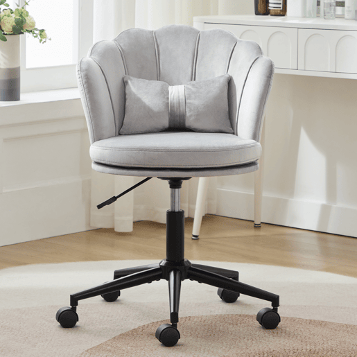 Cadeira para vestir - Design moderno - Encosto em forma de pétalas, almofada lombar em forma de borboleta, altura ajustável, almofada macia - Cinza