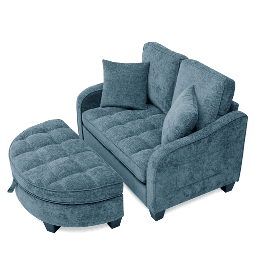 Sofá multifuncional 2 em 1 - Sofá-cama, Pufe com espaço de arrumação, Tecido respirável, Madeira de eucalipto, Azul Sofá multifuncional 2 em 1 - Sofá-cama, Pufe com espaço de arrumação, Tecido respirável, Madeira de eucalipto, Azul