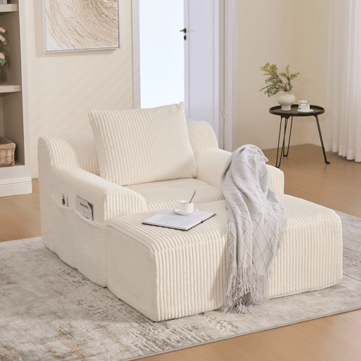 Poltrona relax grande - estofada em veludo, com apoio para os pés e bolsos laterais - bege