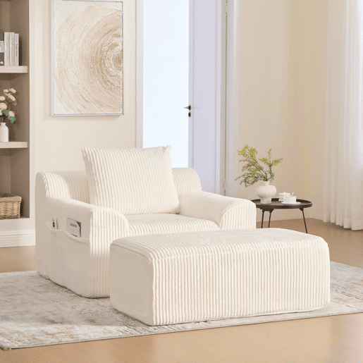 Poltrona relax grande - estofada em veludo, com apoio para os pés e bolsos laterais - bege