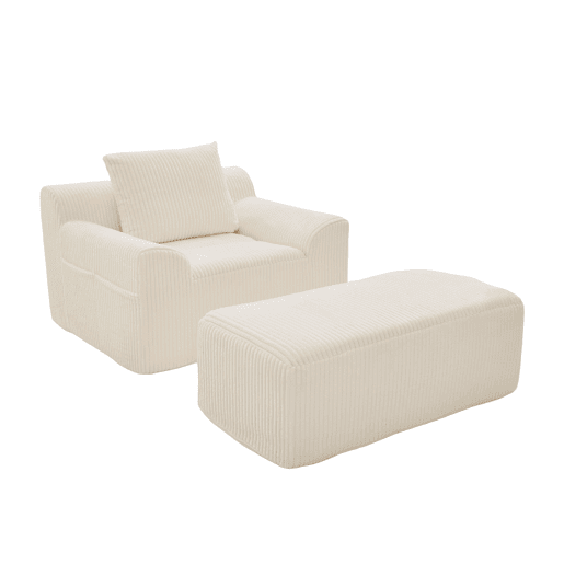 Poltrona relax grande - estofada em veludo, com apoio para os pés e bolsos laterais - bege