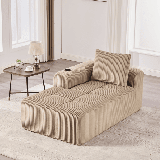 Poltrona reclinável Corduroy 1 lugar - Com almofadas, arrumação lateral, porta-copos - Cáqui
