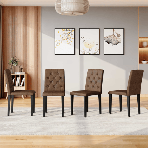 Cadeiras de sala de jantar 4 unidades - Estilo retro, tecido com efeito veludo, pernas de metal pretas - Castanho+Preto