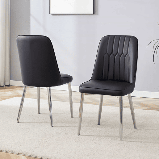 Cadeiras de sala de jantar (2 unidades) - design moderno e minimalista, assento largo, encosto e pernas metálicas prateadas - preto e prateado