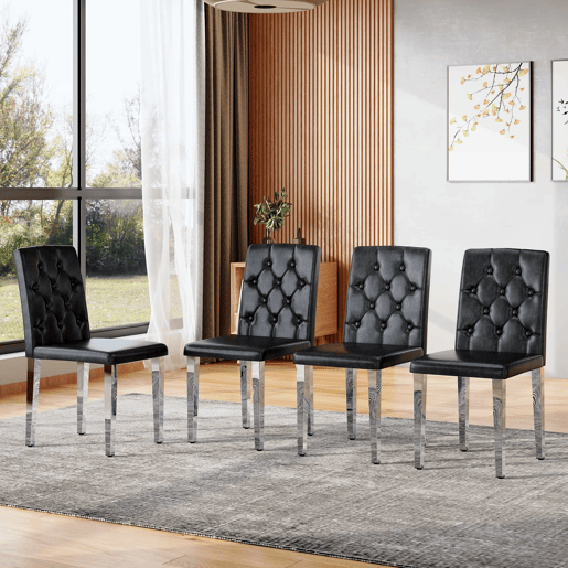 Conjunto de 4 cadeiras de jantar - Preto com acabamento em prata brilhante - Luxo leve