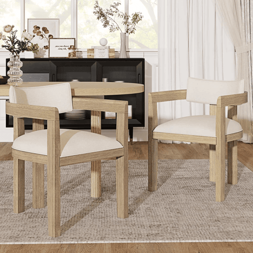 2 Cadeiras de sala de jantar - Madeira maciça, confortáveis e respiráveis, estilo moderno, estofadas em linho - Cor natural