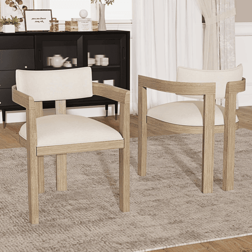 2 Cadeiras de sala de jantar - Madeira maciça, confortáveis e respiráveis, estilo moderno, estofadas em linho - Cor natural