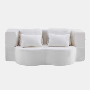 Sofá-cama de 2 lugares - moderno, com 4 almofadas e colchão dobrável de espuma de alta densidade - branco