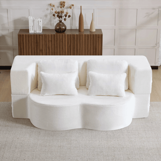 Sofá-cama de 2 lugares - moderno, com 4 almofadas e colchão dobrável de espuma de alta densidade - branco