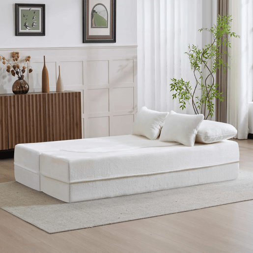 Sofá-cama de 2 lugares - moderno, com 4 almofadas e colchão dobrável de espuma de alta densidade - branco