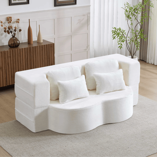Sofá-cama de 2 lugares - moderno, com 4 almofadas e colchão dobrável de espuma de alta densidade - branco