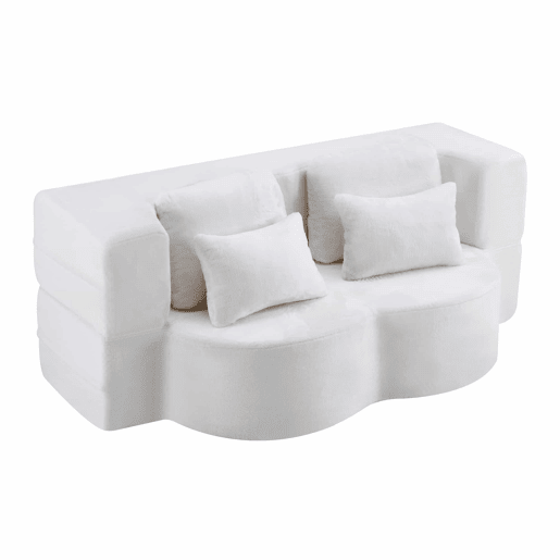Sofá-cama de 2 lugares - moderno, com 4 almofadas e colchão dobrável de espuma de alta densidade - branco