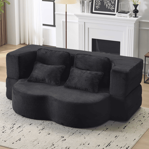 Sofá-cama de 2 lugares - moderno, com 4 almofadas, colchão dobrável de espuma de alta densidade - preto