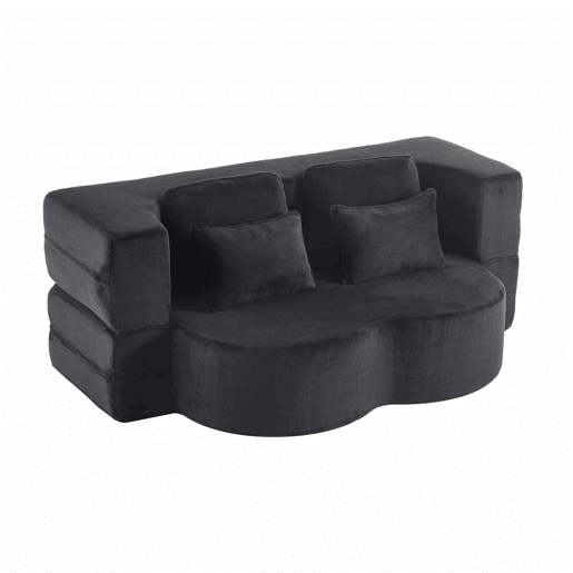 Sofá-cama de 2 lugares - moderno, com 4 almofadas, colchão dobrável de espuma de alta densidade - preto