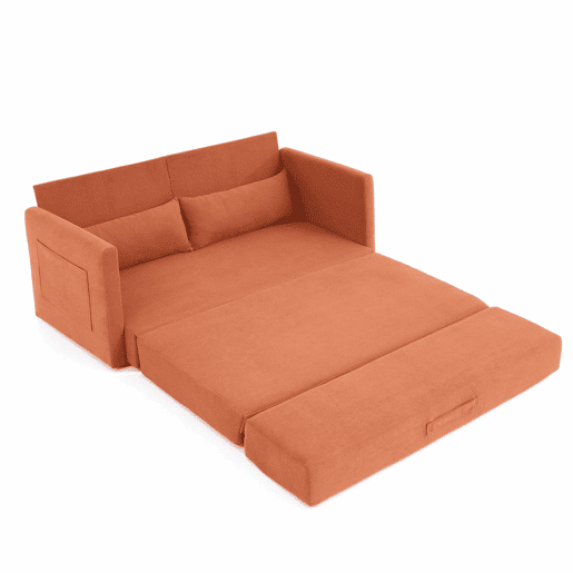 Sofá-cama de 2 lugares 165 x 92 x 82 cm - sofá dobrável 2 em 1, tecido de veludo cotelê, com 2 almofadas lombares e 2 bolsos laterais - laranja Sofá-cama de 2 lugares 165 x 92 x 82 cm - sofá dobrável 2 em 1, tecido de veludo cotelê, com 2 almofadas lombares e 2 bolsos laterais - laranja