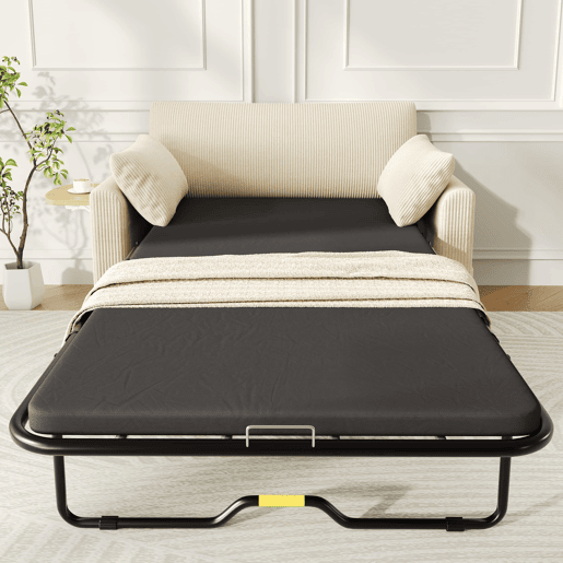 Sofá-cama de 2 lugares - com função de cama, porta USB, mesa lateral dobrável, colchão, roupa de cama e almofadas - bege