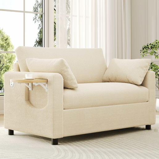 Sofá-cama de 2 lugares - com função de cama, porta USB, mesa lateral dobrável, colchão, roupa de cama e almofadas - bege